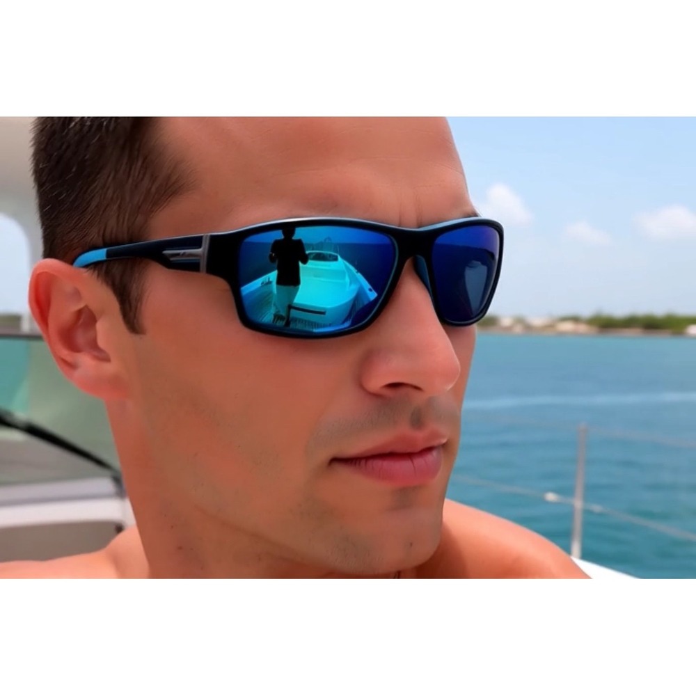 Blue Mirrored Lens‎ Sunglasses Black Frame Sport Style Fashion Eyewear Polarized